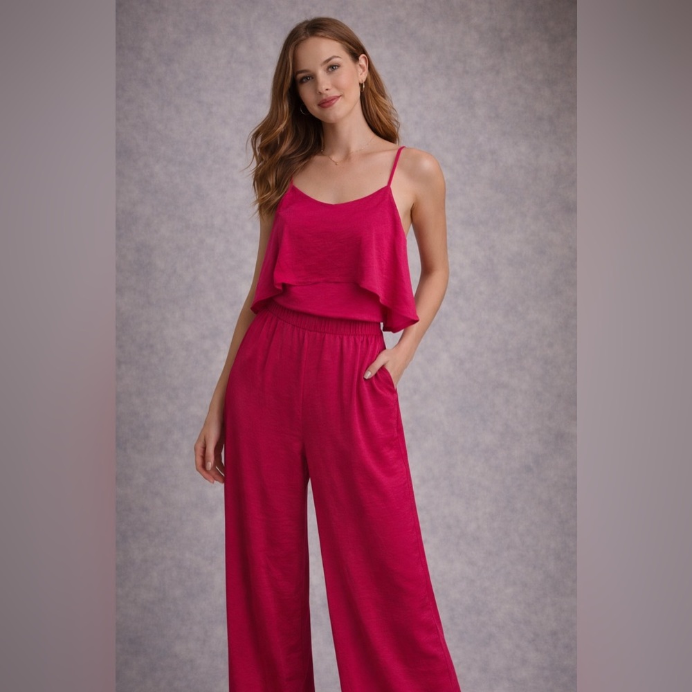Hot Pink Satin Two Piece Set Camisole & Wide Leg Pants Size M